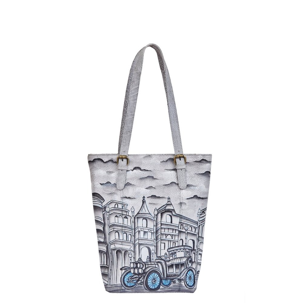 Ladies' Hand-Painted Leather Grey Shoulder Tote Bag -Top Handle Purse for Women